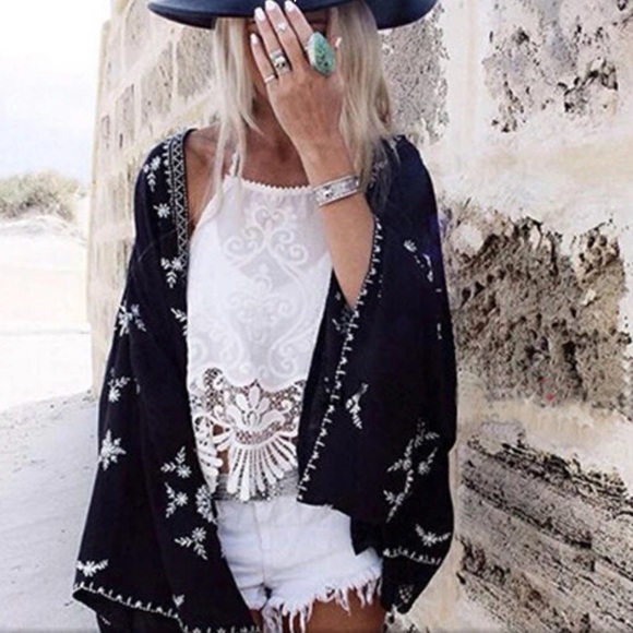Other - Boho Black & White Embroidered Kimono